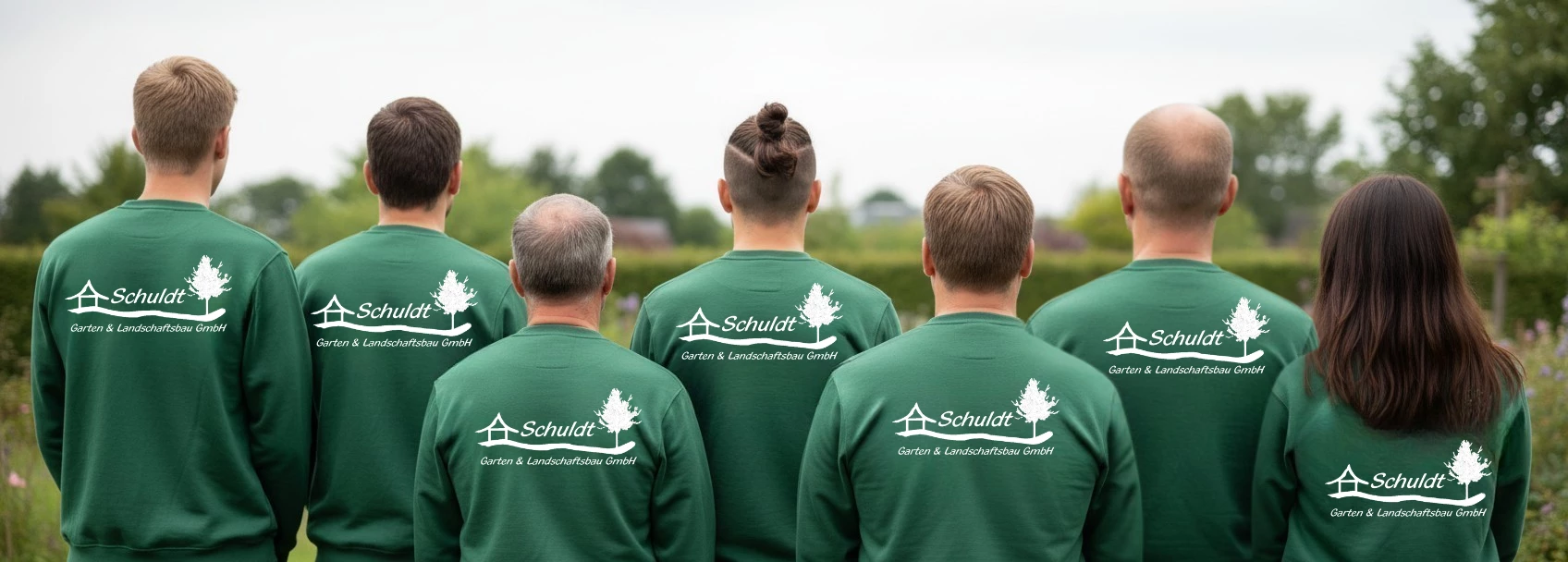 Fünf Personen in grünen Sweatshirts.